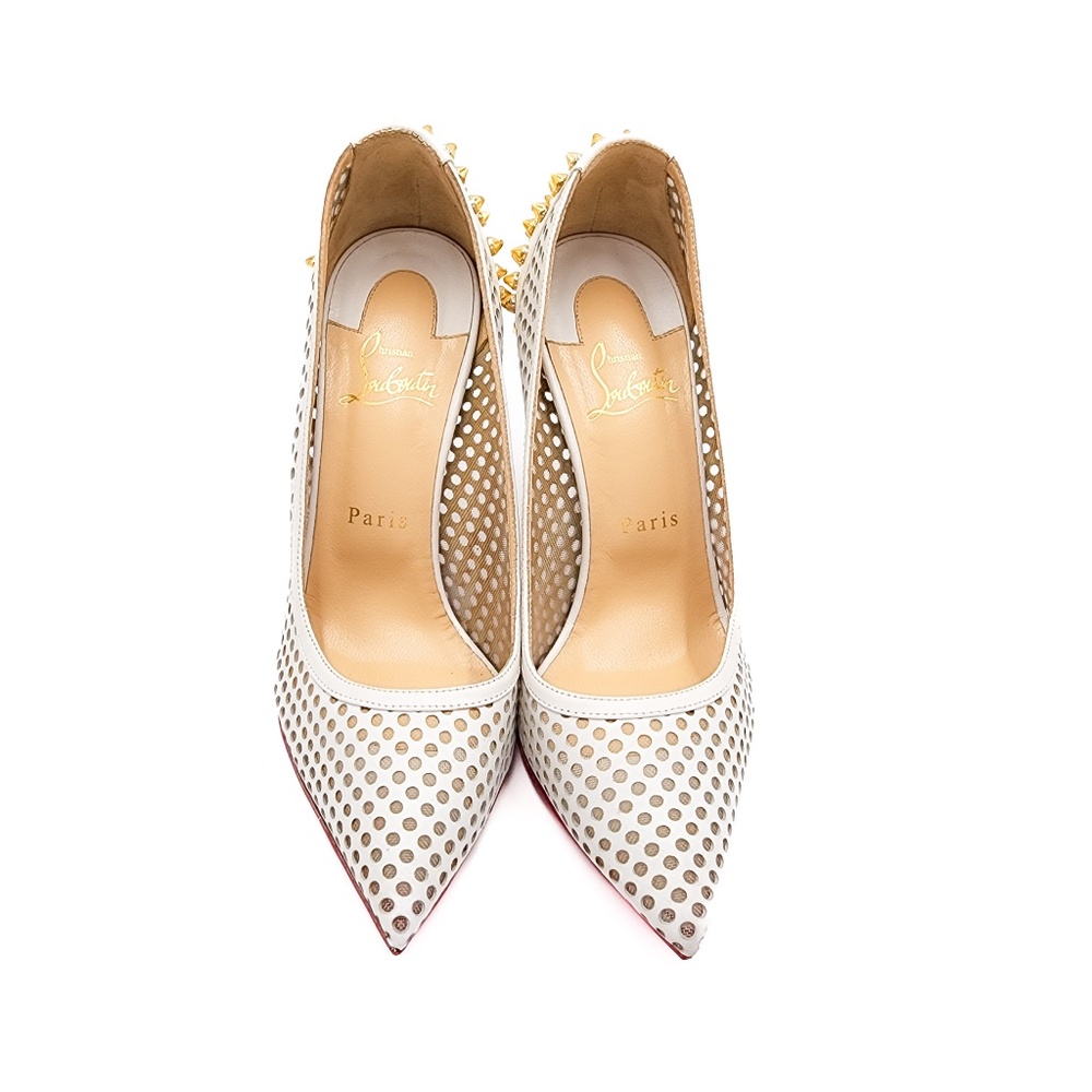 Christian Louboutin Guni 100 White Latte Leather Gold Spiked Pumps EU 38 - Picture 4 of 10